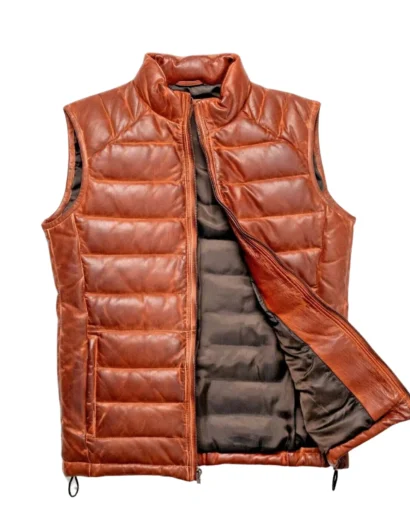 Puffer Leather Vest Jacket Tan Brown