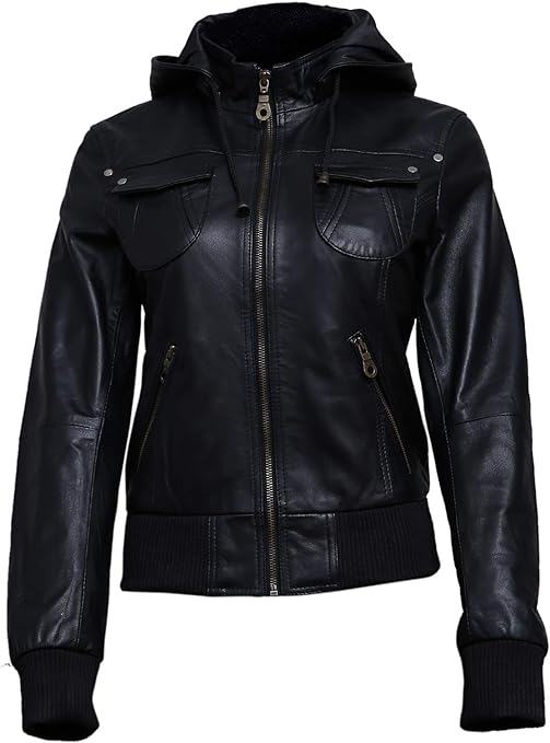 Sleek Rider Womens Removable Hood Leather Jacket
